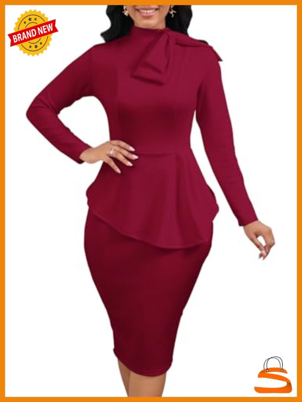 WanMem Women Formal Bodycon Peplum Cocktail Party Midi Dress Long Sleeve Bow